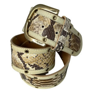 PUNTO FIBBIA Snakeskin Print Genuine Leather Wide Belt Rounded Gold Buckle L